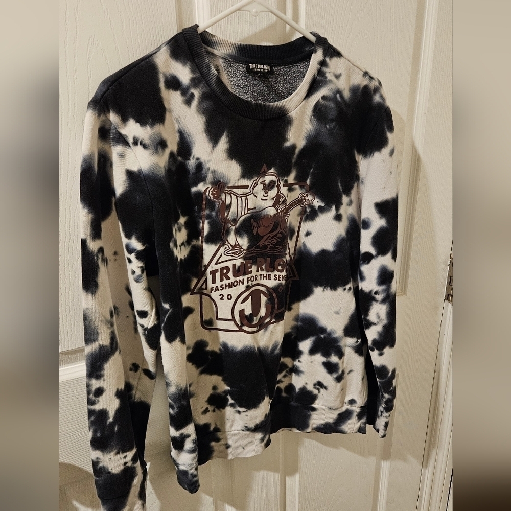 True Religion Men's Size S Blue Tie Dye Buddha Crewneck Sweatshirt​​​​​​